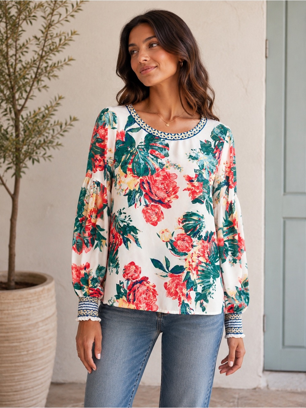 Jealous Tomato Floral Peasant Blouse - White, Coral & Green Flowy Chiffon Boho